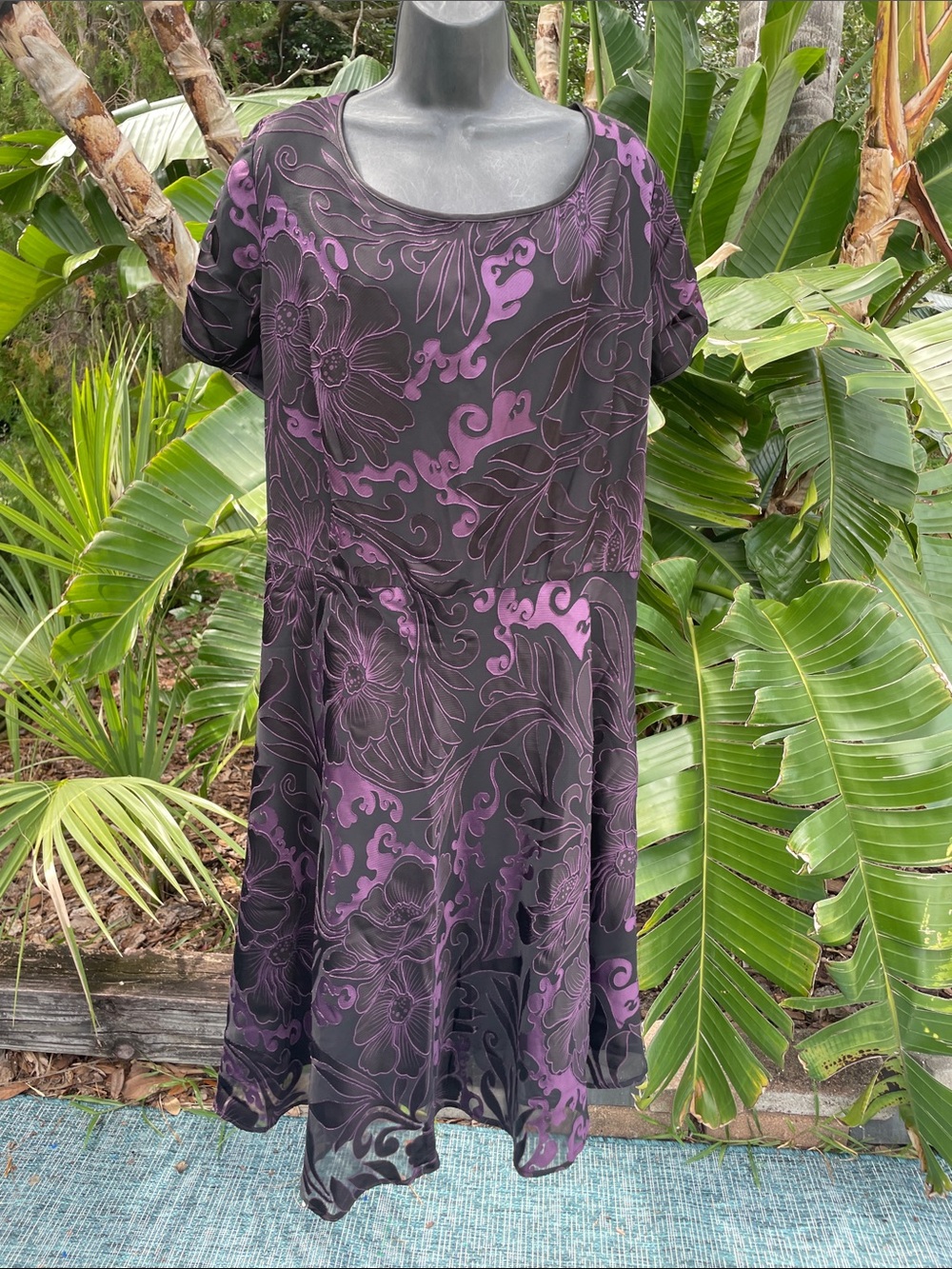 purple, dark floral fit and flare burnout satin dress